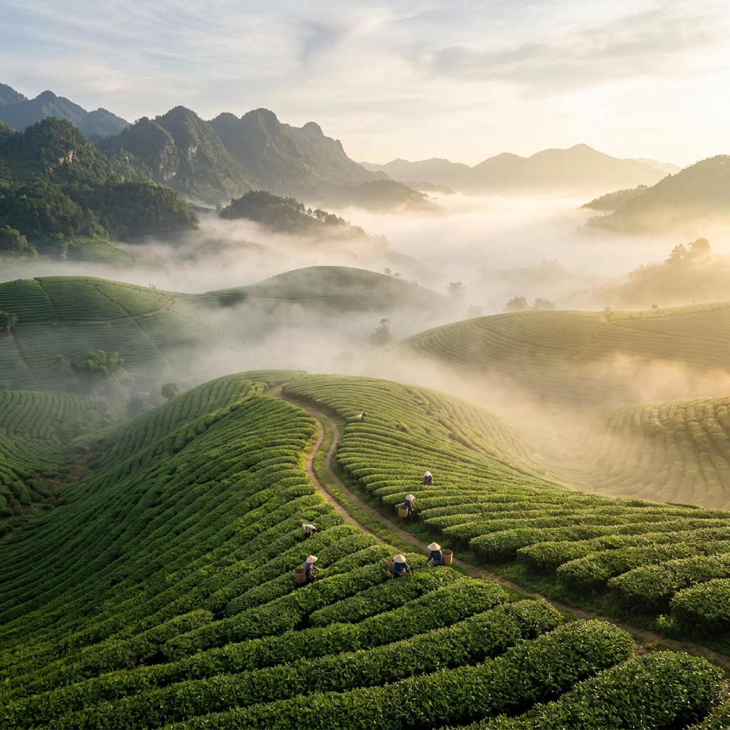 Đồi chè vùng sông Cầu Việt Bắc trong sương sớm